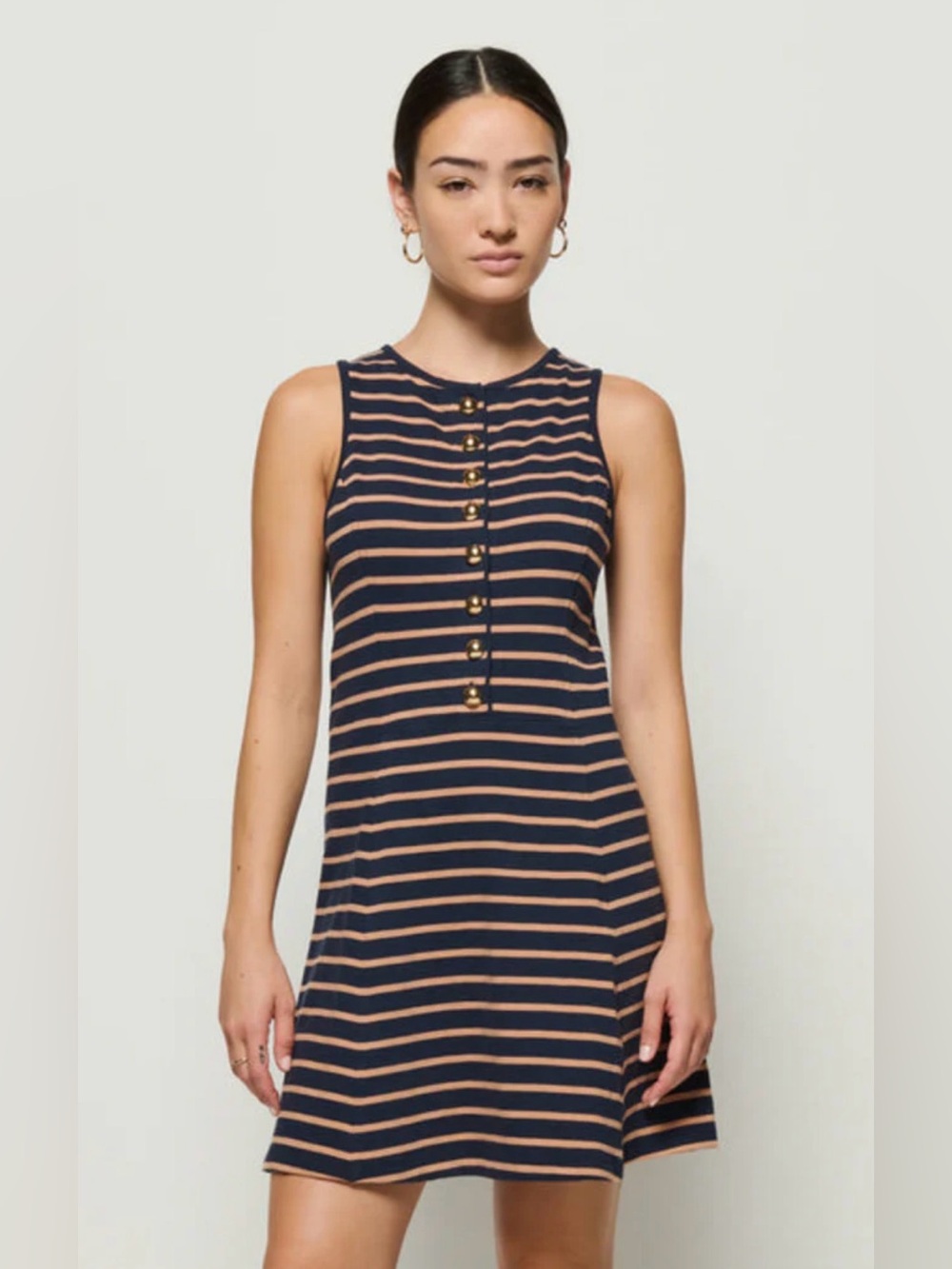 Nation Los Angeles Jayna Navy and tan Striped Tank Dress with gold buttons XL